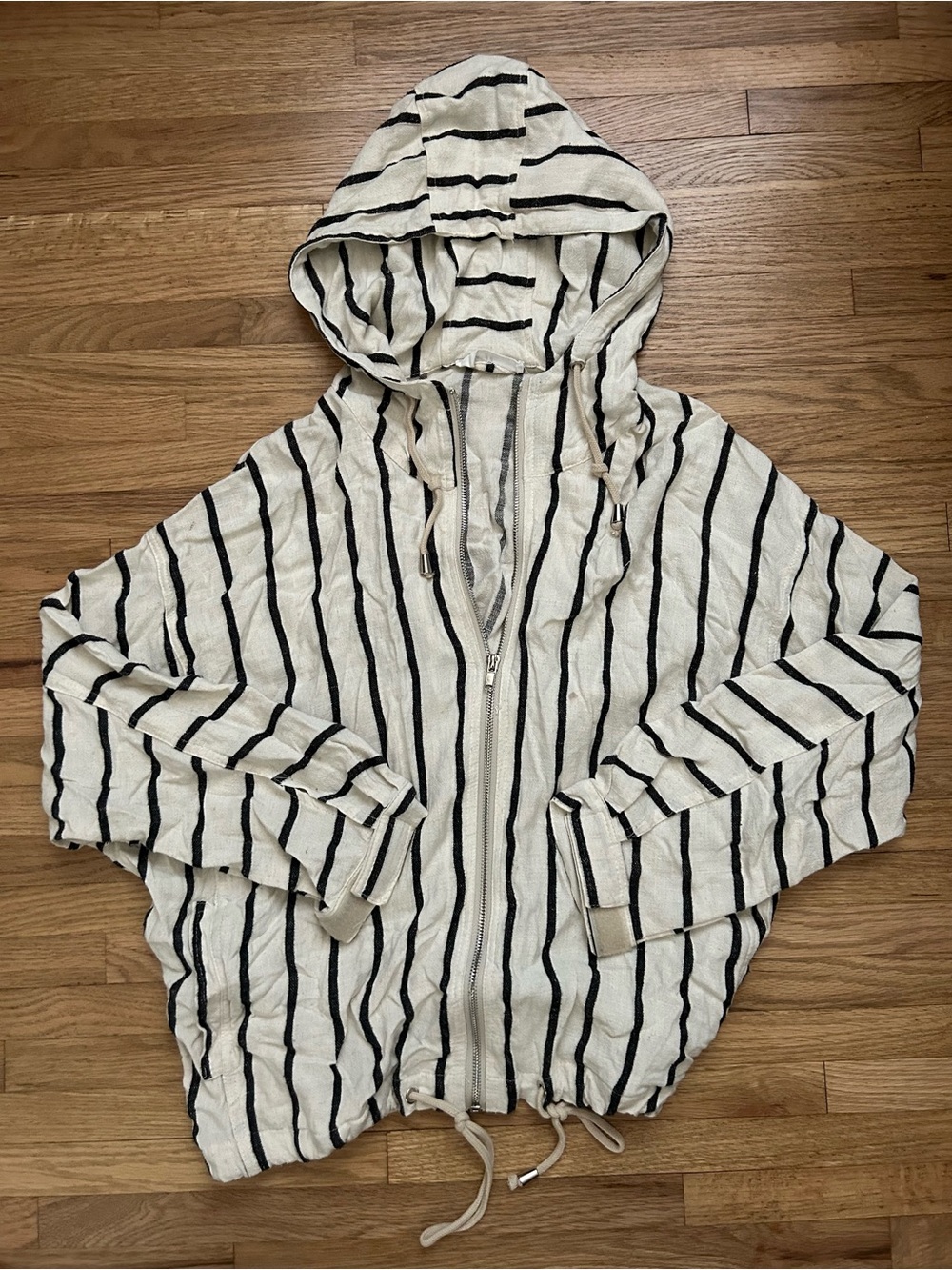 Carly Jean Los Angeles Cream and Black Striped Hooded Zip Jacket